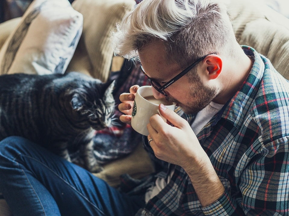mies juo kahvia kotona kissan kanssa